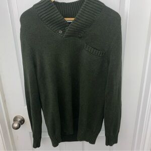 Banana Republic Sweater Shawl Collar Button Sz M Green Front Pocket 100% Cotton
